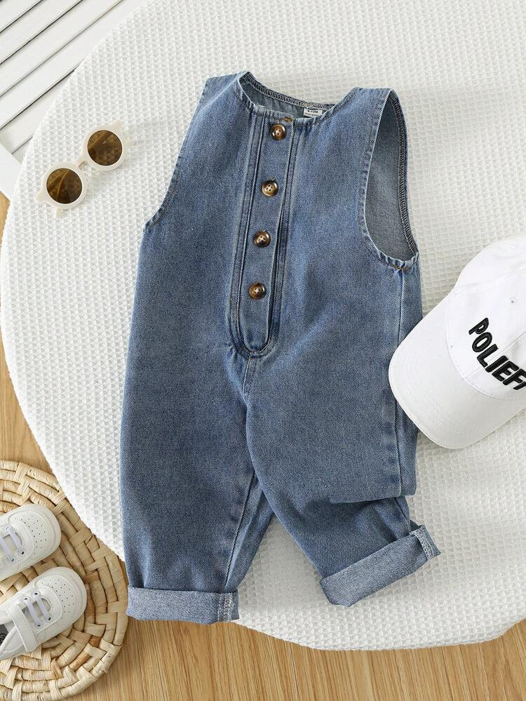 SHEIN Unisex Baby Casual Cute Denim Bib Pants, Suitable For Summer, Spring, Autumn | SHEIN