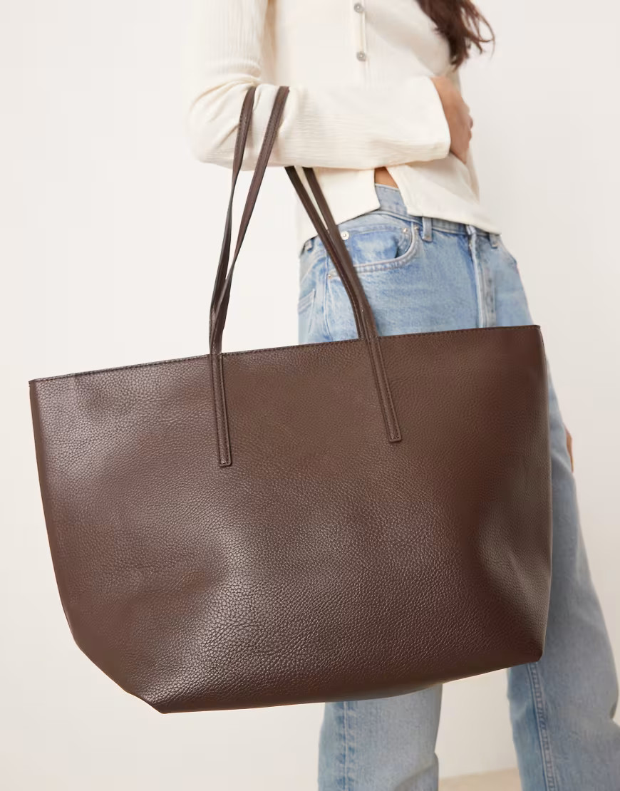 Mango classic faux leather tote bag in brown | ASOS (Global)