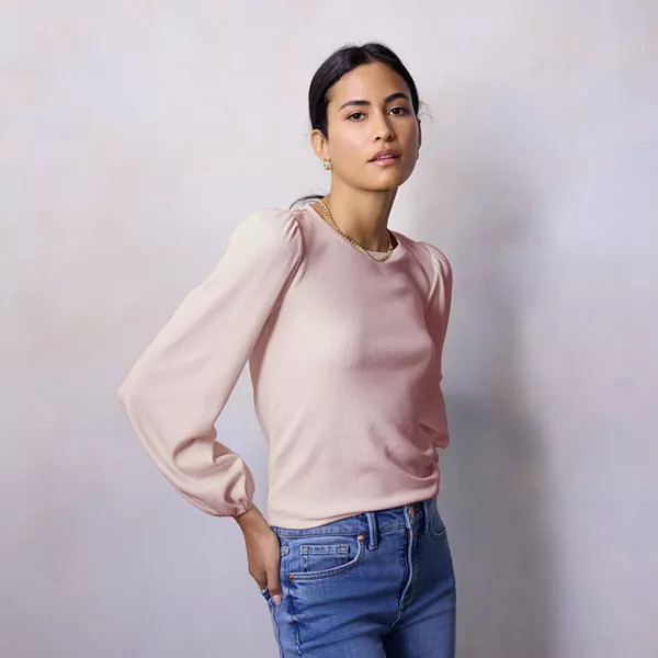 Petite Nine West Puff-Sleeve Mixed Media Top | Kohl's