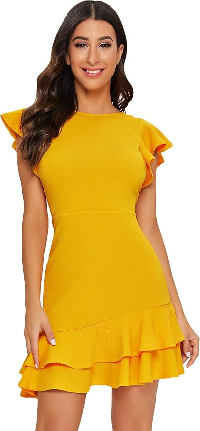 Floerns Women's V Back Inslace Layered Ruffle Hem Flutter Sleeve Dress | Amazon (US)