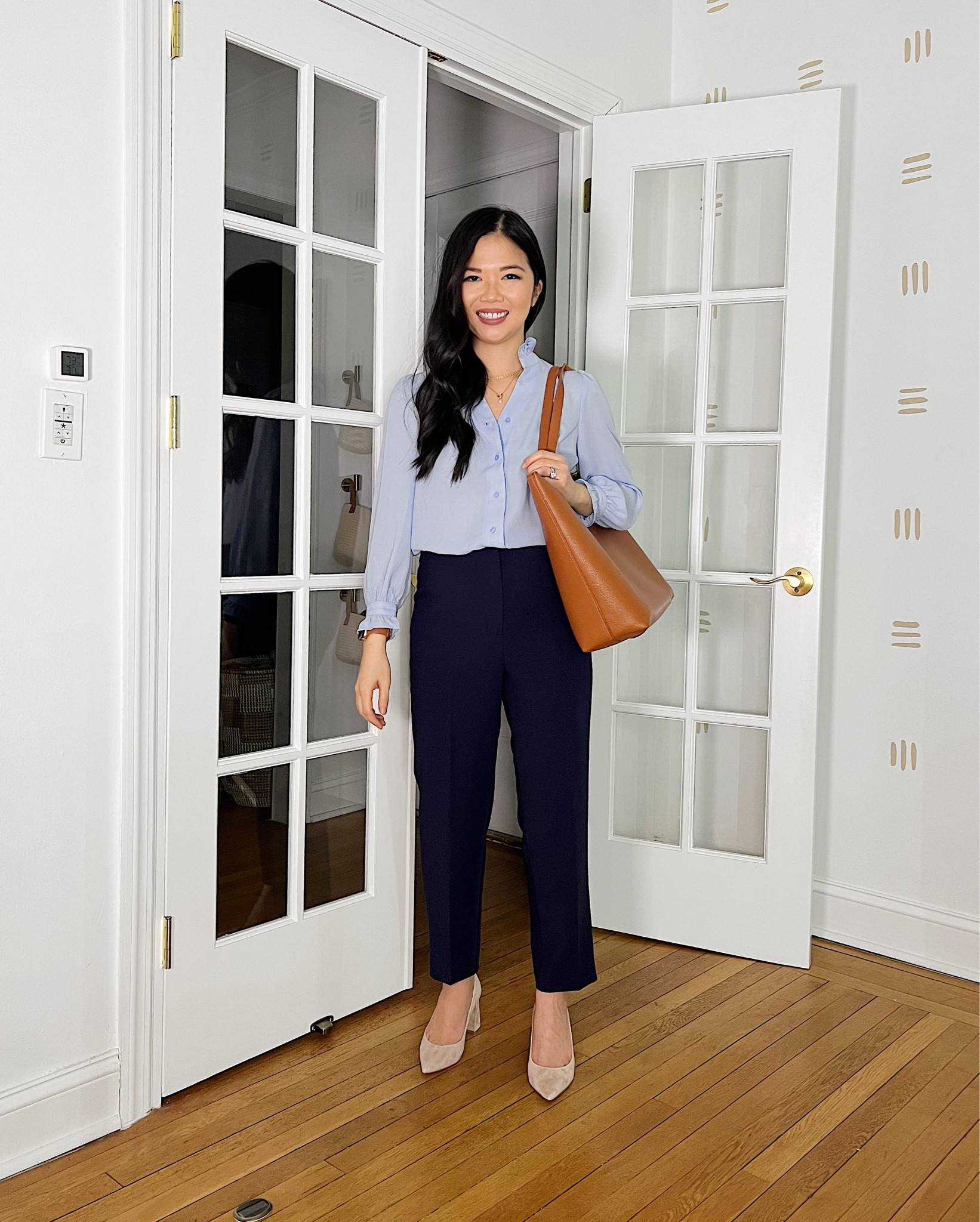 Light blue blouse (XS)
Navy pants (4P)
Navy work pants
High waisted navy pants
Brown tote bag
Beige pumps (TTS)
Beige suede pumps
Suede block heel pumps 
Ann Taylor blazer
Ann Taylor pants 
Business casual outfit
Spring work outfit 
Business professional outfit 
Steve Madden heels

#LTKstyletip #LTKworkwear #LTKSeasonal