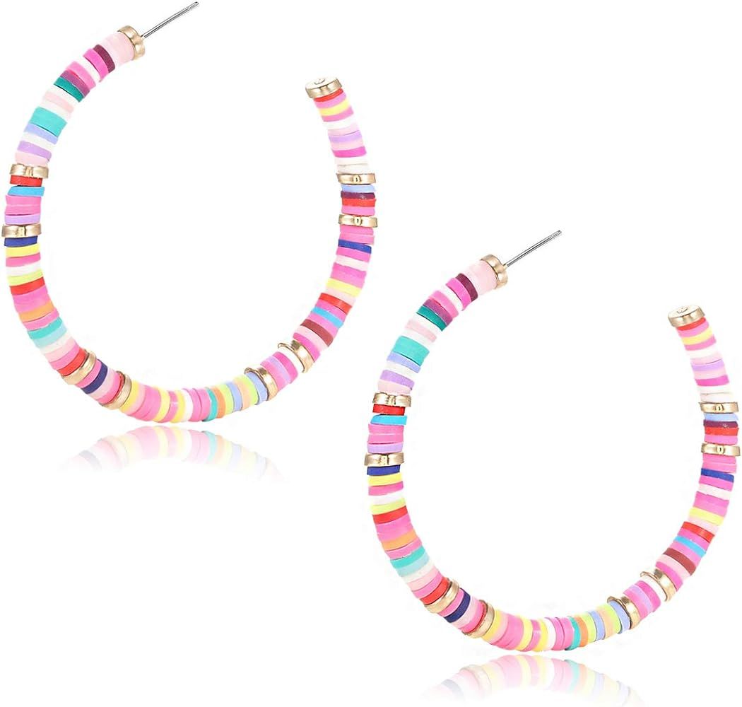 NVENF Heishi Bead Hoop Earrings for Women Rainbow Vinyl Disc Beads Circle Earring Studs Handmade Boh | Amazon (US)