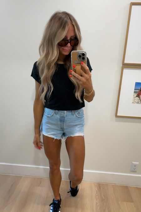 I am wearing a large in the tee and size 27 in the shorts 🖤 I would size down at least a half a size in the shoes!
Use code Buwick10 for my phone case!

#LTKsalealert #LTKstyletip