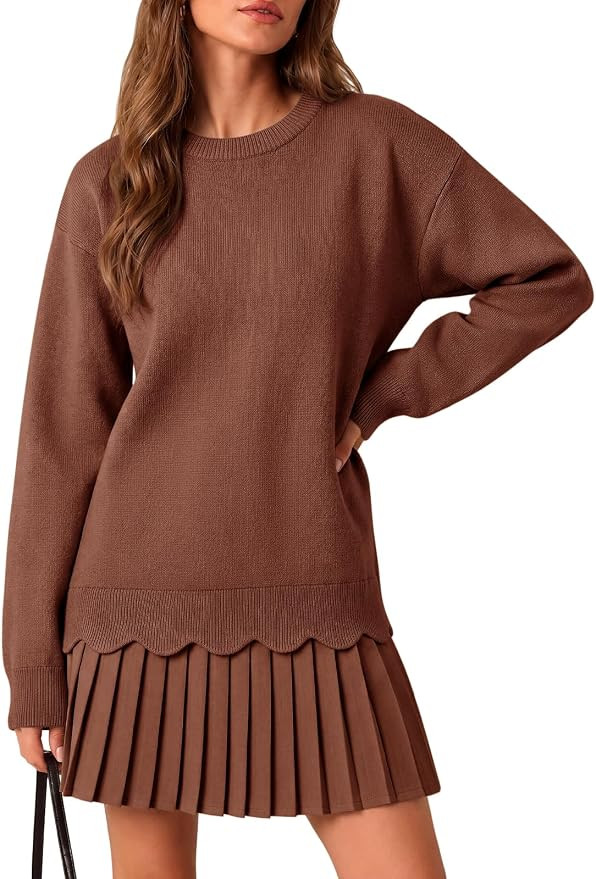 Saodimallsu Womens Pleated Sweater Dress Long Sleeve Crewneck Trendy Cute Loose Knit Fall Mini Dr... | Amazon (US)