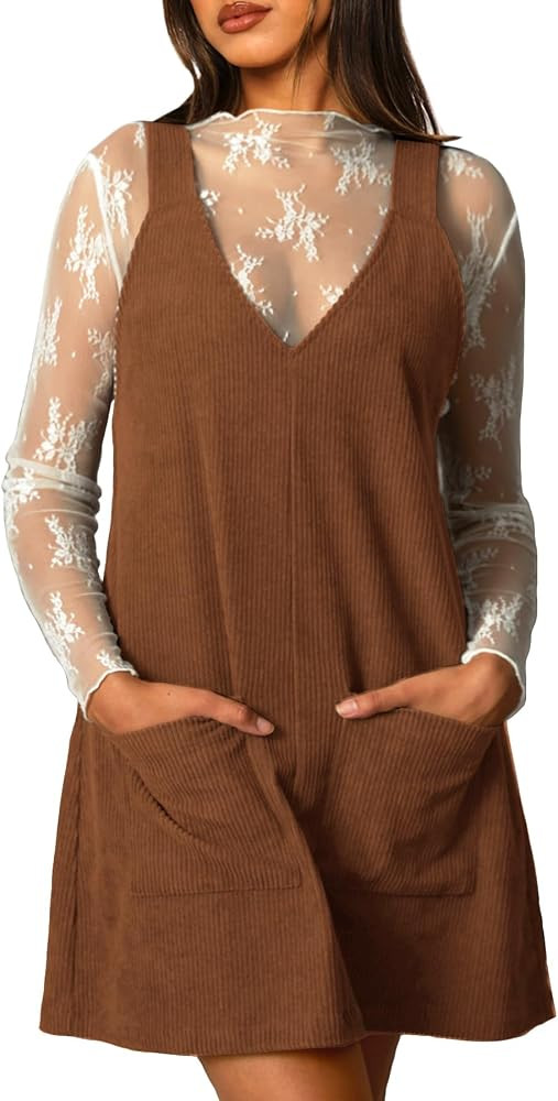 Navneet Women Corduroy Overall Dress V Neck Pinafore Jumper Mini Dress | Amazon (US)