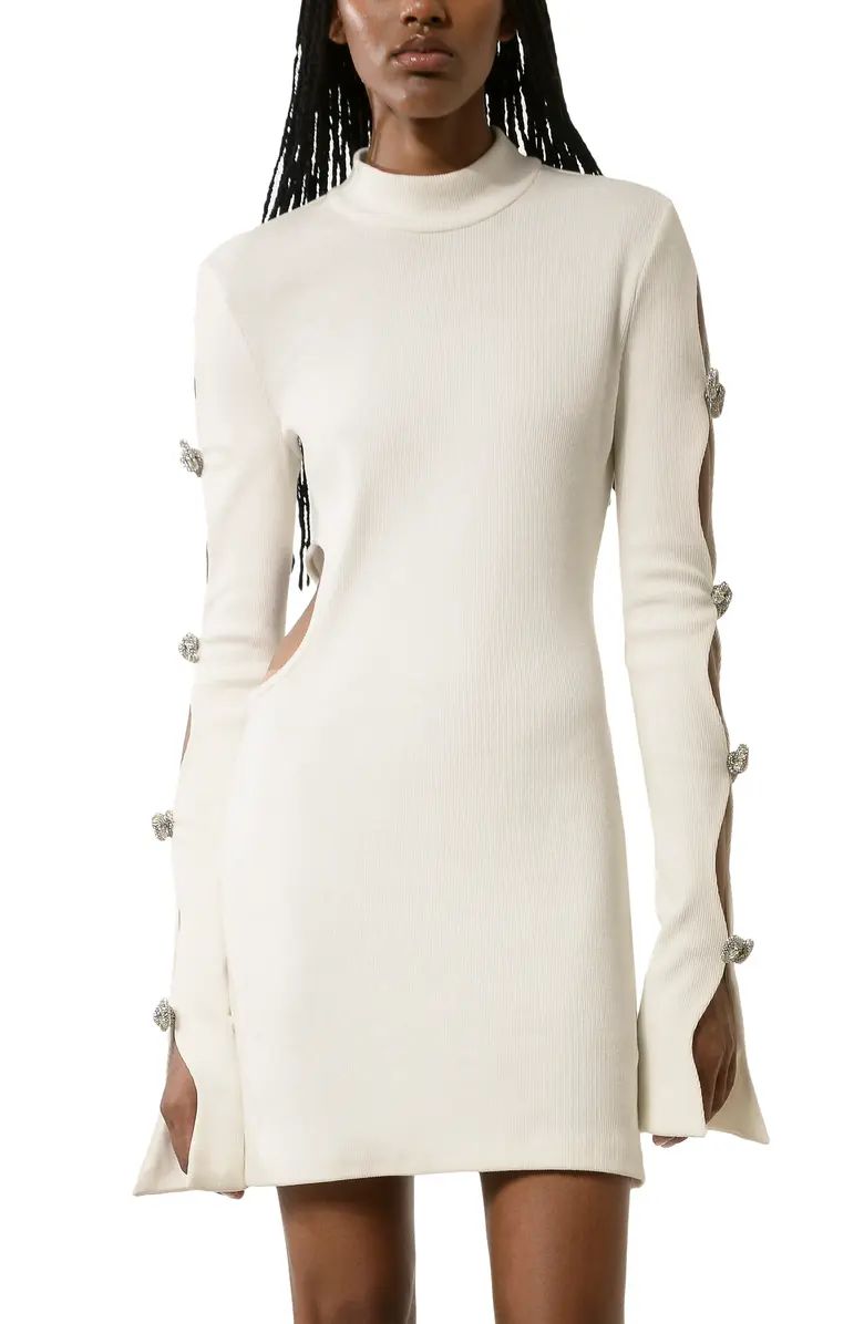 Mach and Mach Crystal Bow Long Sleeve Cutout Knit Minidress | Nordstrom