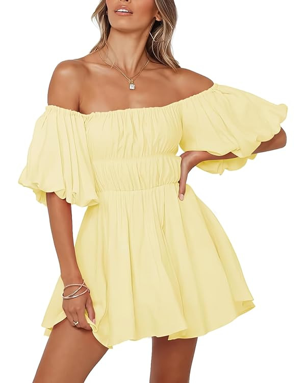 Dokotoo Womens Off The Shoulder Summer Dresses 2025 Short Lantern Sleeve Ruffle Elastic Waist A-L... | Amazon (US)