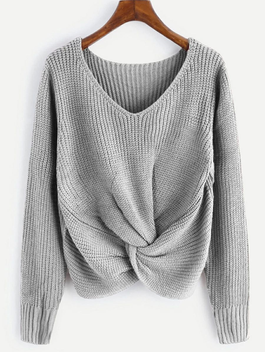 V-neckline Twist Front Sweater | SHEIN