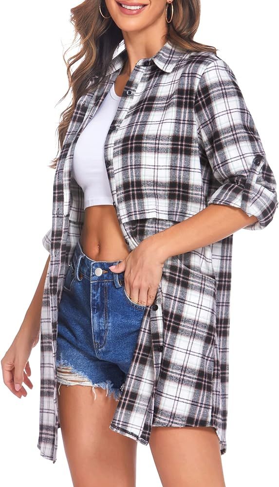 Hotouch Womens Flannel Plaid Shirts Roll Up Long Sleeve Pockets Mid-Long Casual Boyfriend Shirts | Amazon (US)