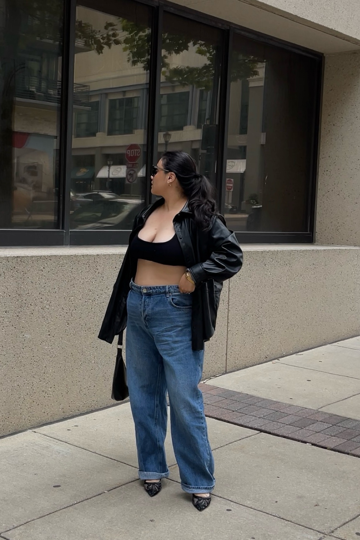 Fall outfit inspo neutral aesthetic leather jacket with black crop top baggy boyfriend jeans and dior dupe black lace kitten heels 

#LTKFallSale #LTKSeasonal #LTKStyleTip