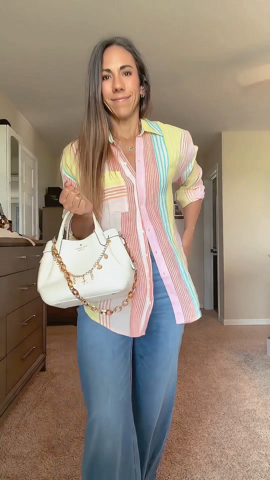 Pastels + denim will forever have me 💕🌈 This button-down is such an easy throw-on piece and I love it worn open and relaxed with wide-leg jeans. Add a cute bag + sandals and we’re done. ✨

Shirt: XS
Jeans: 2 Regular
Sandals: 8
Accessories + jewelry linked 🤍
#fallstyle #summerstyle #stripes #pastels #katespade @Anthropologie @American Eagle Outfitters @Kate Spade

#LTKootd #LTKgrwm #LTKOver40