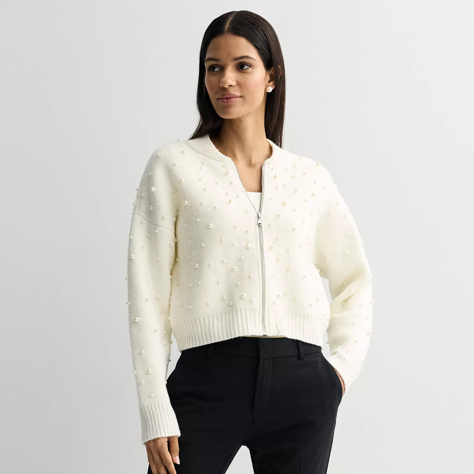 Women's Nine West Zip-Front Pearl Knit Bomber Sweater | Kohl's
