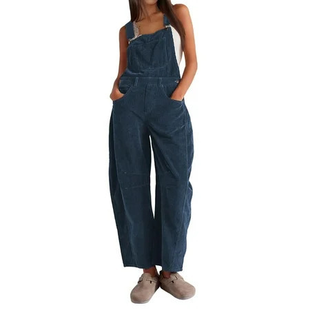 PUWEI Women's Corduroy Overalls Wide Leg Barrel Jeans Adjustable Straps Bib Romper with Pockets | Walmart (US)