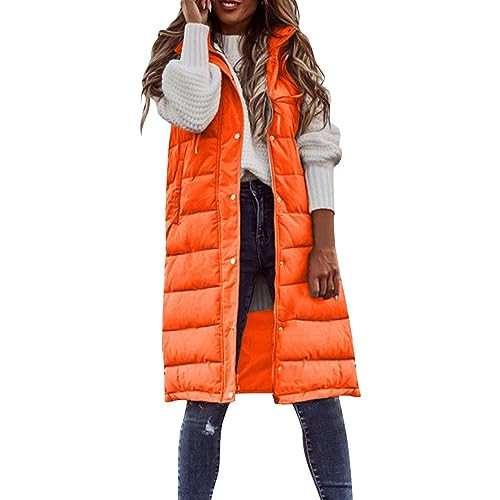 QXQYGRZ Womens Long Puffer Vest Sleveless Hoodies Jacket Full Zipper Quilted Vest Long Down Coats Thickened Warm Windbreakers | Amazon (US)