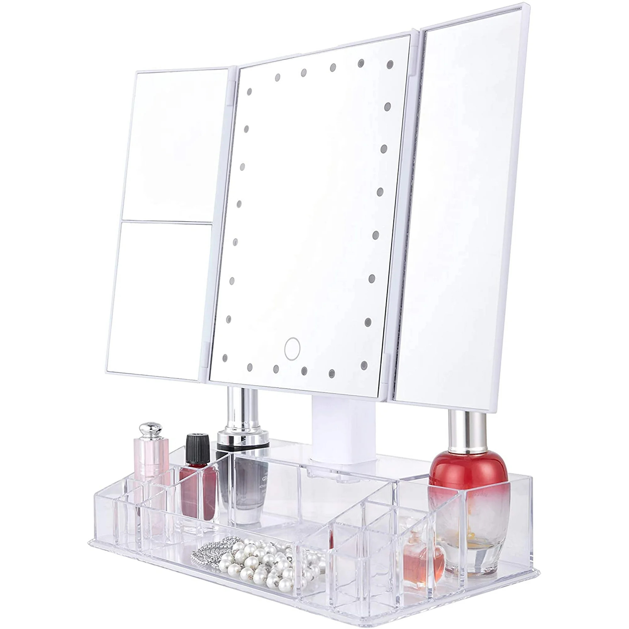 Elle Premiere Trifold Makeup Mirror with LED Lights and Organizer Storage Base, 1x 2X 3X Magnific... | Walmart (US)