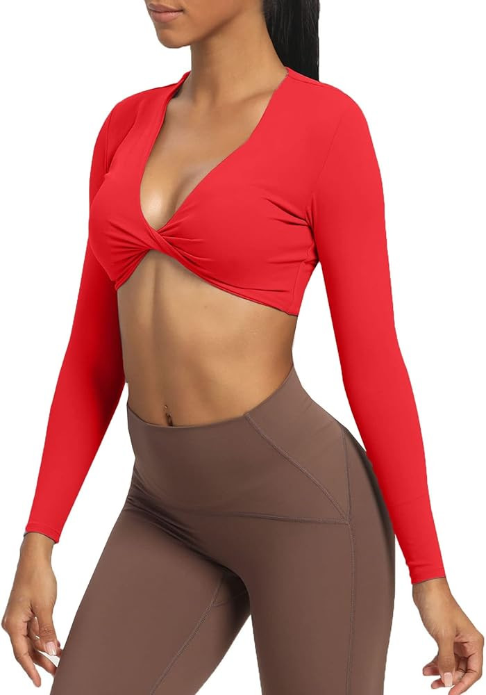 Aoxjox Long Sleeve Crop Tops for Women Sienna Twist Deep V Workout Cropped T Shirt Top | Amazon (US)