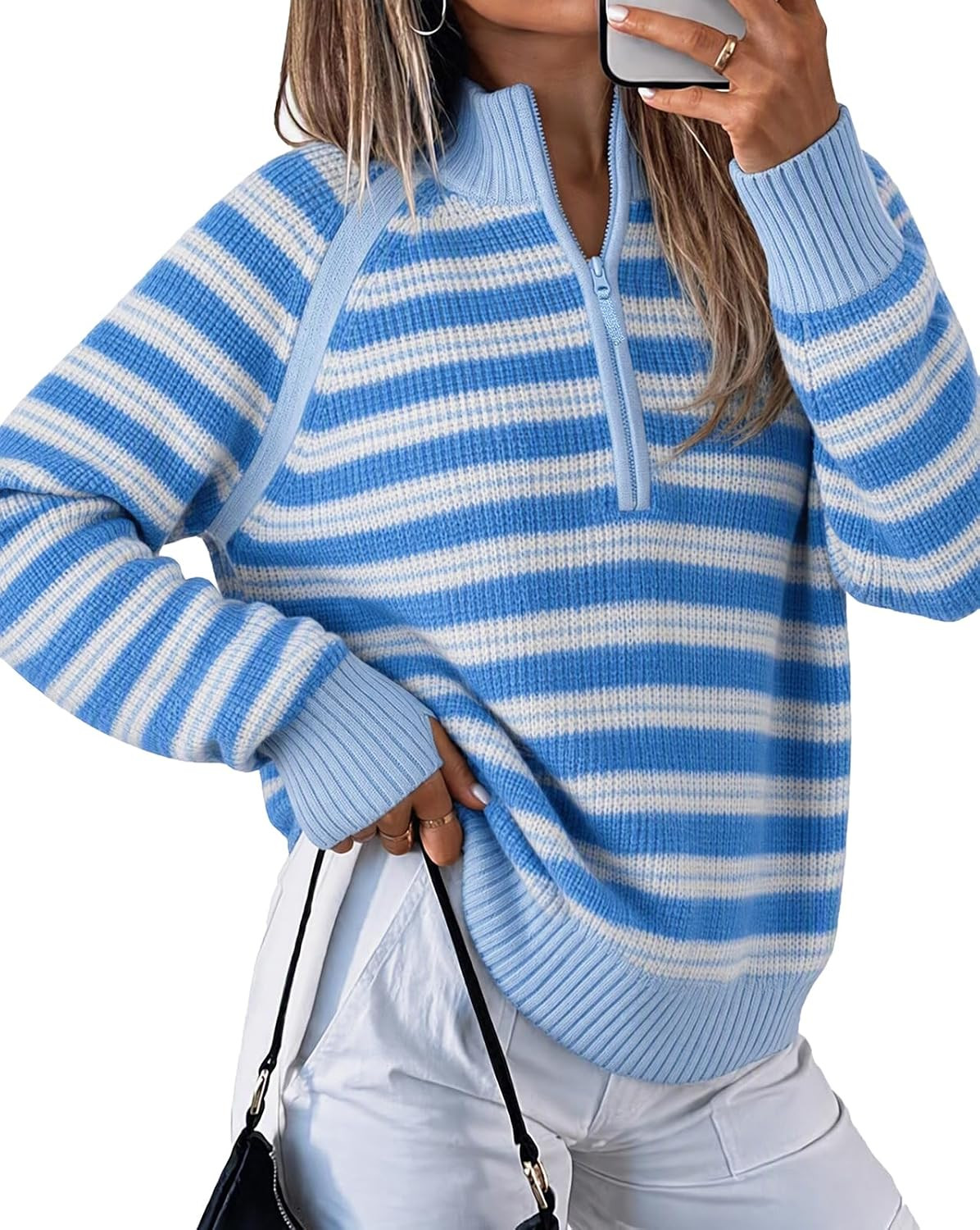 Fisoew Sweaters for Women Half Zip Striped Pullover Ribbed Knit Tops | Amazon (US)