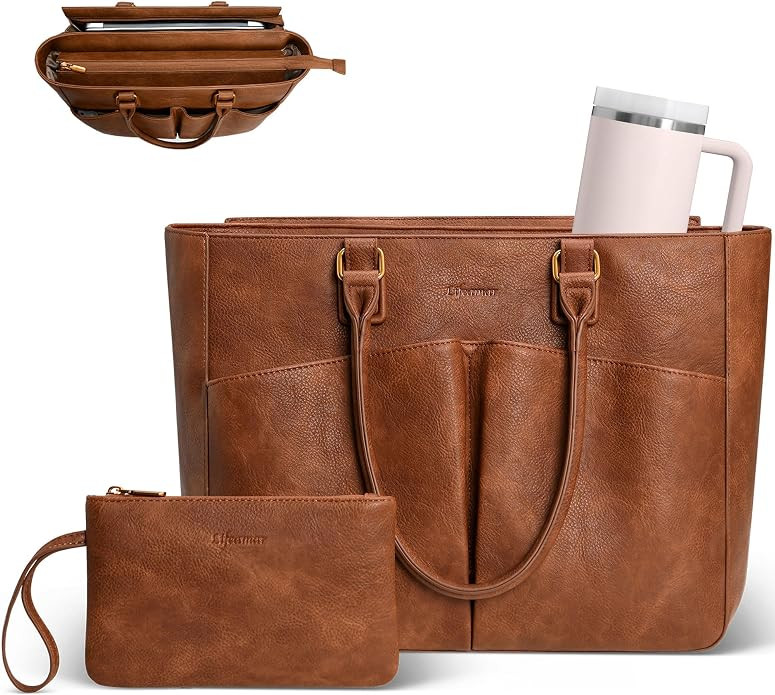 Laptop Tote Bag for Women, Leather Work Tote with Padded Laptop Compartment, Cup Holder, Office C... | Amazon (US)