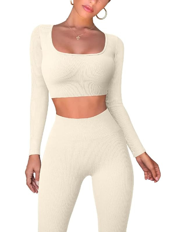 OQQ Workout Outfits for Women 2 Piece Ribbed Yoga Long Sleeve Crop Tops High Waist Leggings Exerc... | Amazon (US)