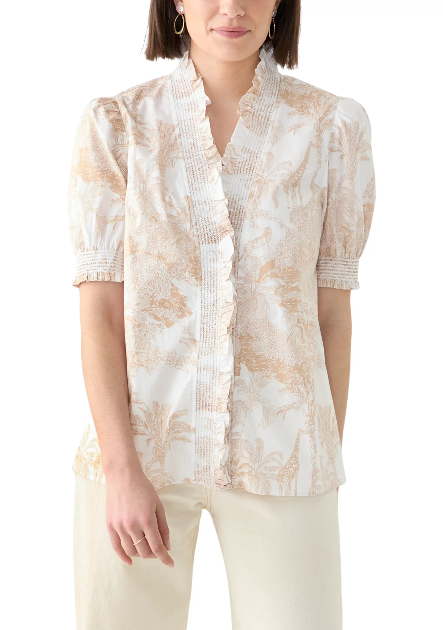 Women's Smock Neck Ruffle Printed Blouse | Belk