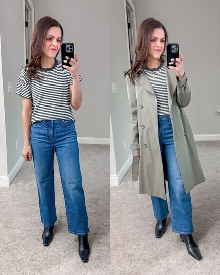 Friday #ootd — 25% off Madewell Insider sale | striped tee, perfect vintage crop Jean (tts), ankle boot, trench coat 

#LTKstyletip