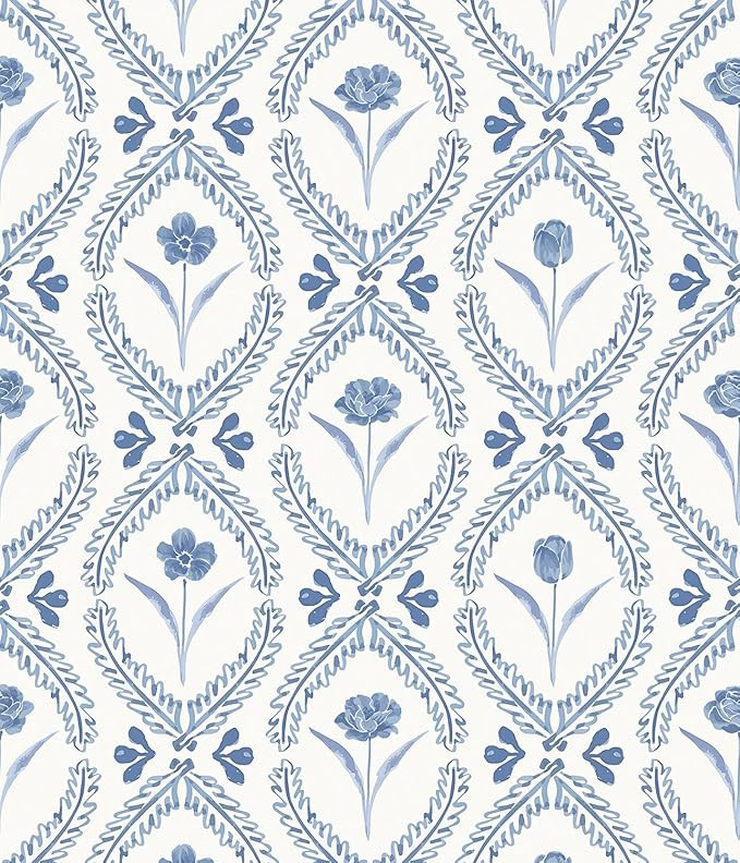 Floral Peel and Stick Wallpaper Blue Floral Wallpaper | 16.9in x393.7in Leaf Flower Wallpaper Pee... | Amazon (US)