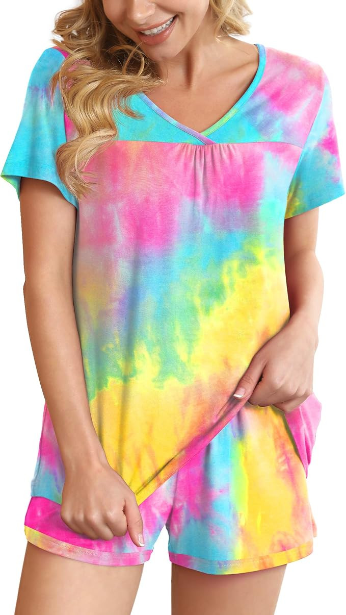 POKWAI Women's Nightwear Short Sleeve Shirt and Shorts Pajama Set V Neck Sleepwear with Pockets | Amazon (US)