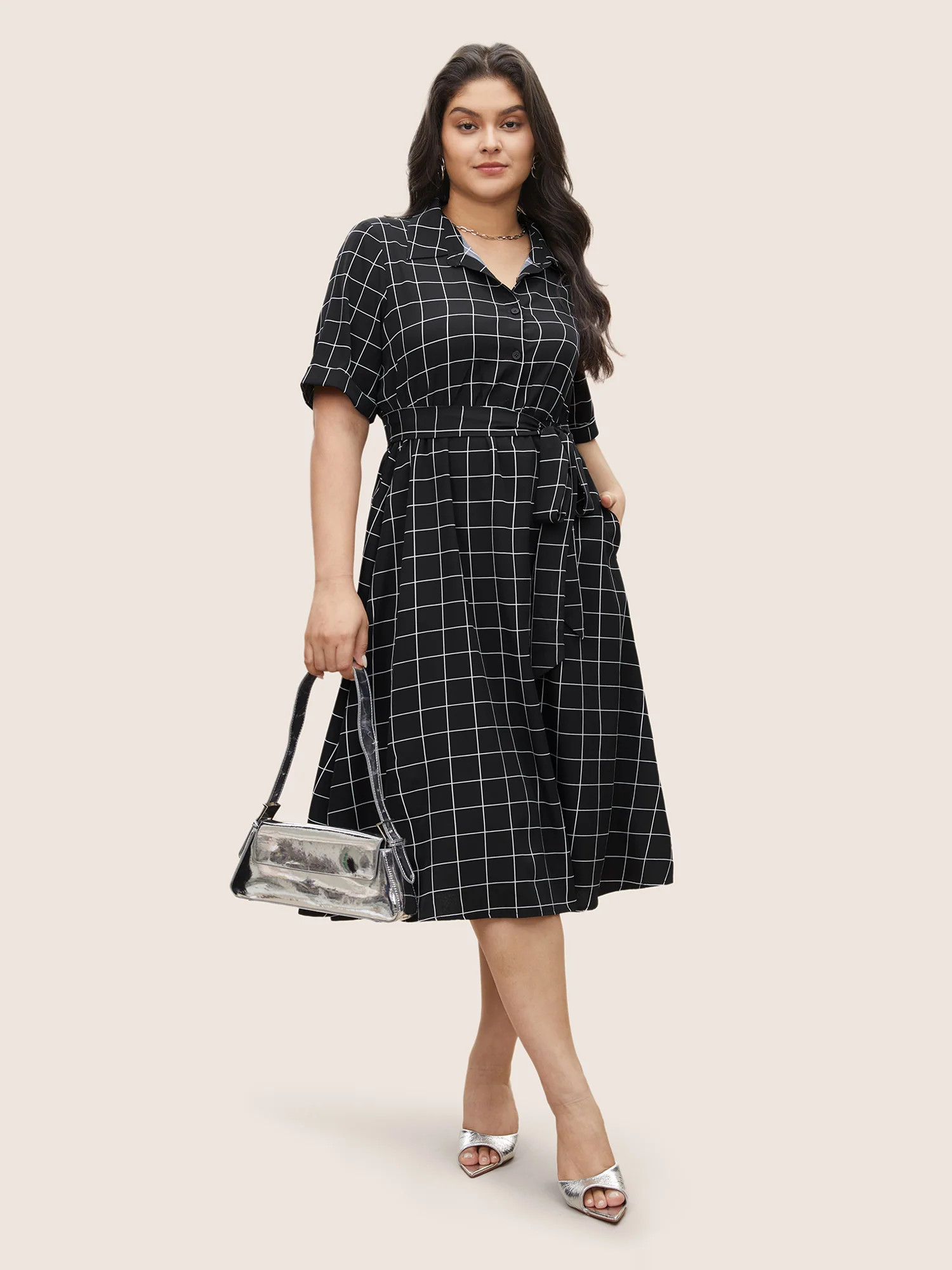 Plaid Belted Shirt Collar Cuffed Sleeve Dress | Bloomchic