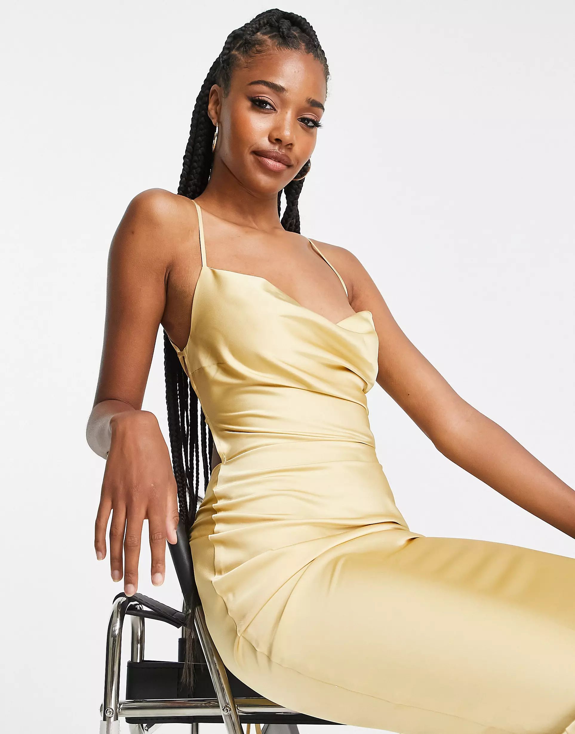 In The Style Tall exclusive satin cowl front midi dress in gold | ASOS (Global)