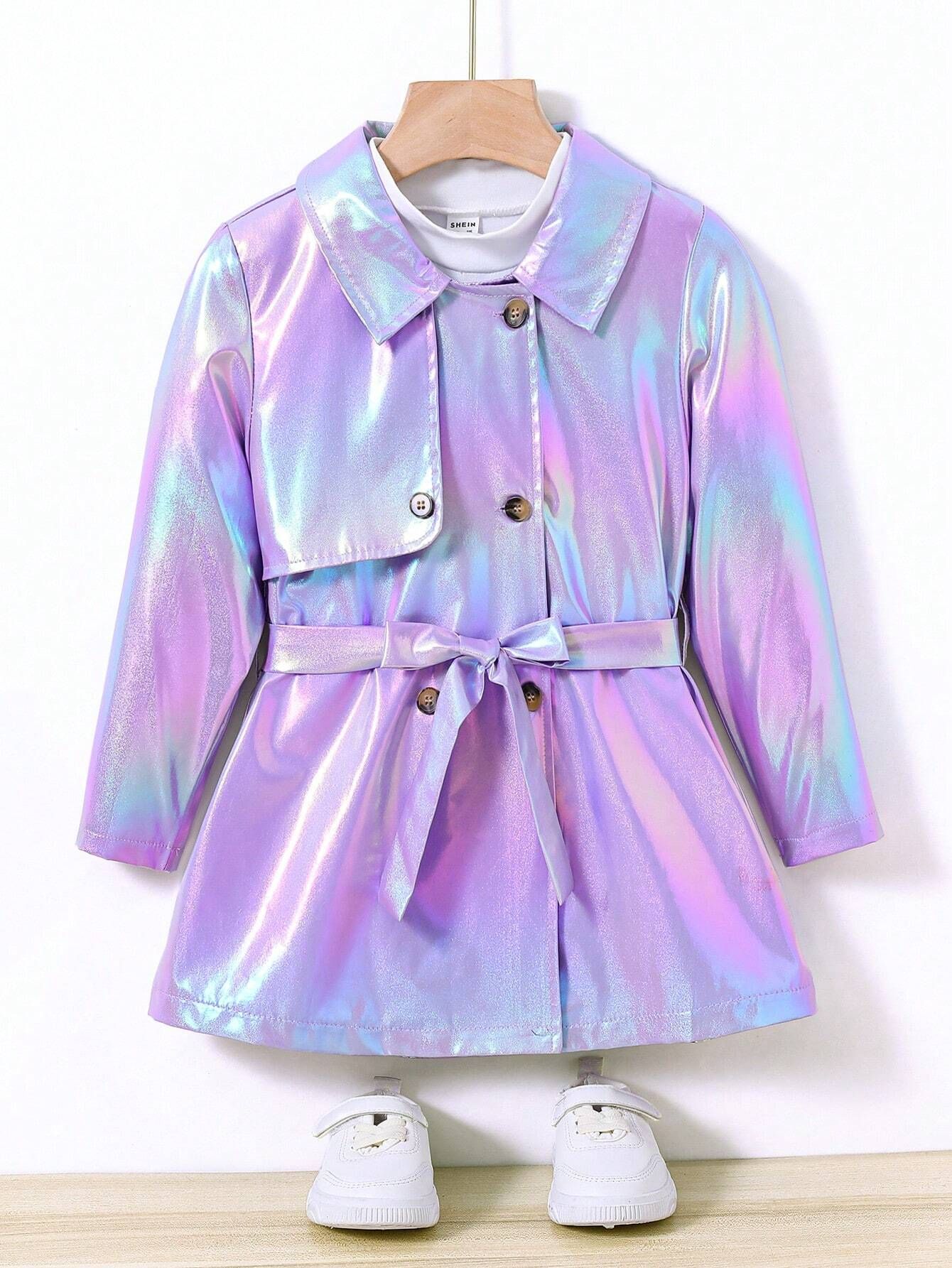 SHEIN Kids Y2Kool Young Girl Holographic Belted Trench Coat Without Tee | SHEIN