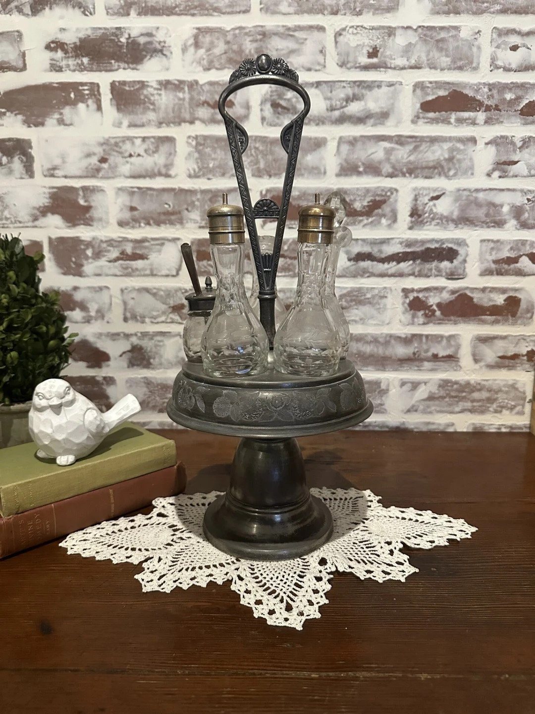 Antique Victorian Silver Plate Etched Glass Cruet Condiment Caddy Set 5 Pieces Footed Swivel Cadd... | Etsy (US)