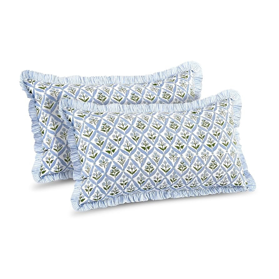 Ridhi Light Steel Blue 100% Cotton Block Print Ruffle Bed Sham Cover 20''×36'' Boho Floral Pillo... | Amazon (US)
