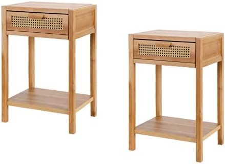 COZAYH Set of 2 Modern Minimalism Nightstand End Table Side Table with Woven Pattern Drawer and Shel | Amazon (US)