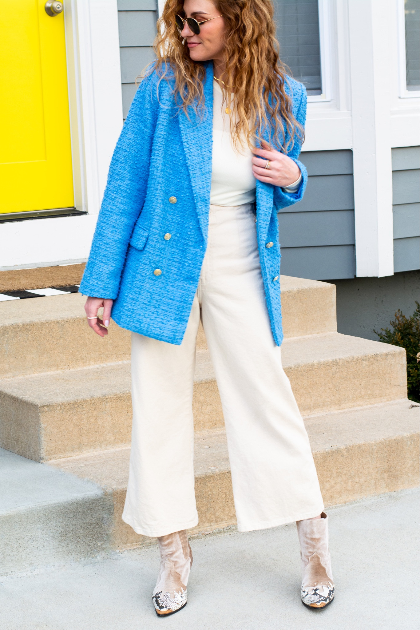 A baby blue tweed blazer to usher in spring. Perfect with beige wide-leg culottes and and pair of blush velvet Western-style ankle boots  

#LTKshoecrush #LTKstyletip #LTKSale