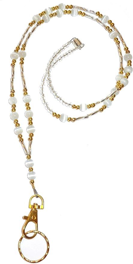 Women's Simple Gold and White Breakaway Clasp Beaded Lanyard, for ID Badge Card Holder Teacher Cr... | Amazon (US)