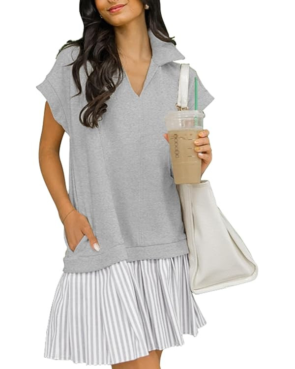 Women's V Neck Short Sleeve Summer Dress Patchwork Cap Sleeve Casual Loose Fit Pleated Striped Sh... | Amazon (US)