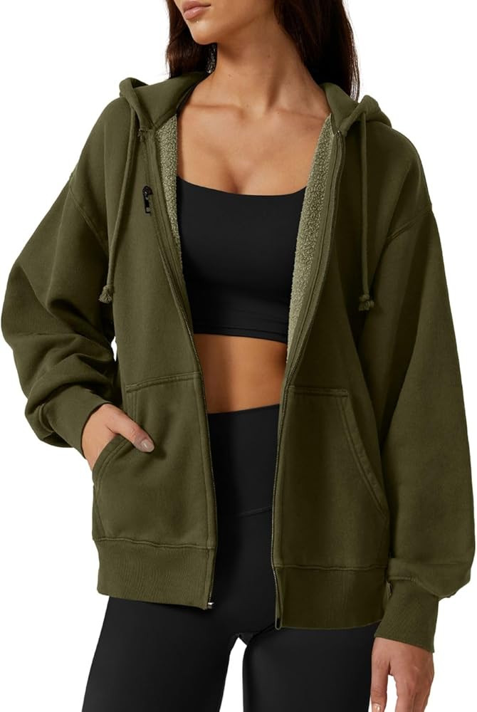 QINSEN Women's Relaxed Zip-Up Hoodie Fall Oversized Sweatshirt Cozy Fleece Jacket with Pocket | Amazon (US)