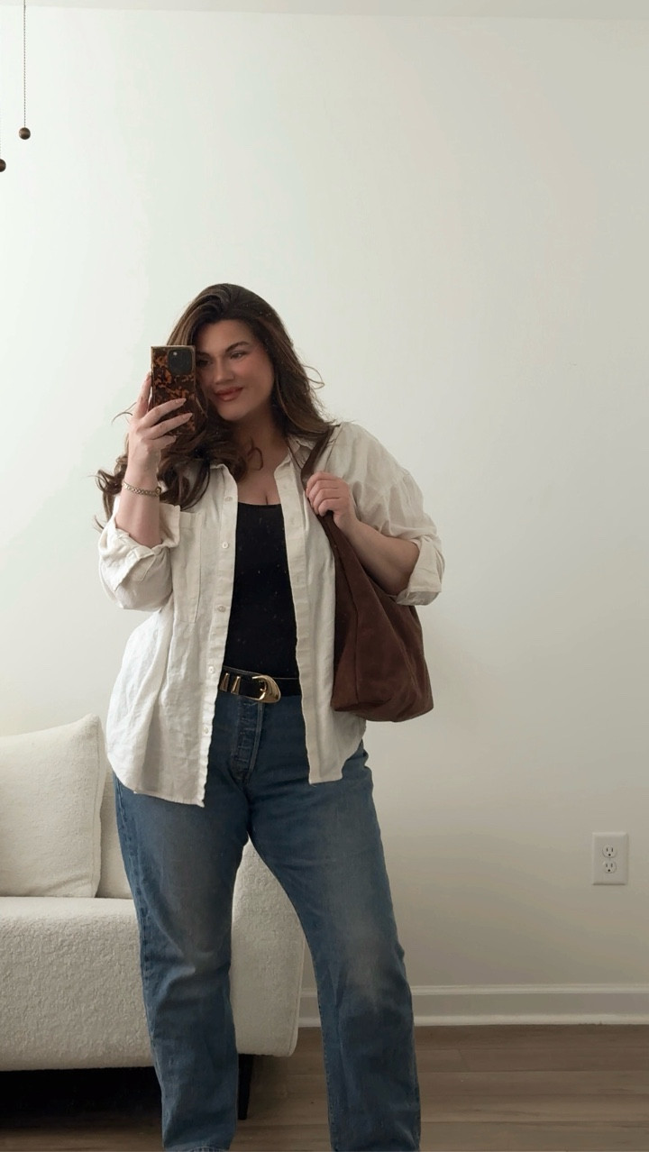 Dressing casually is a challenge for me (blame working boutique retail for 10 years), but I’m slowly finding Mom uniforms  that are simple outfit formulas I can recreate over and over. (Don’t worry, I caught that this bodysuit was a lil sheer so I swapped it for a different one at the last minute 🙃) 

This outfit formula is perfect for Spring/transitional weather:

•bodysuit (XL)
•oversized button up (this one is linen) (L)
•high waist straight leg jeans (33x32)
•flats or sneakers 
•belt 
•giant shoulder bag for all the things

#LTKdayinmylife #LTKSaleAlert #LTKMidsize