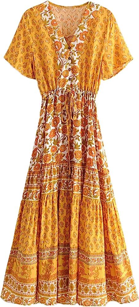 Women's Short Sleeve Floral Print Summer Dress Casual Boho Midi A Line Dress | Amazon (US)