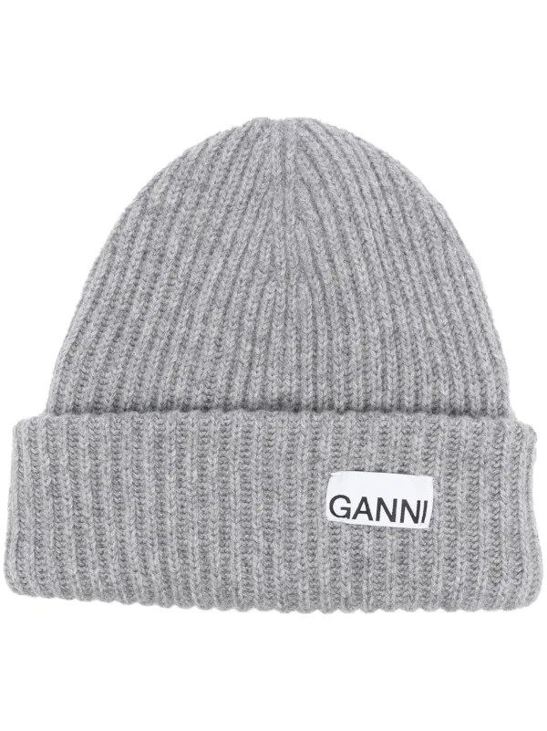 GANNI logo-patch rib-knit Beanie | Grey | FARFETCH | Farfetch Global