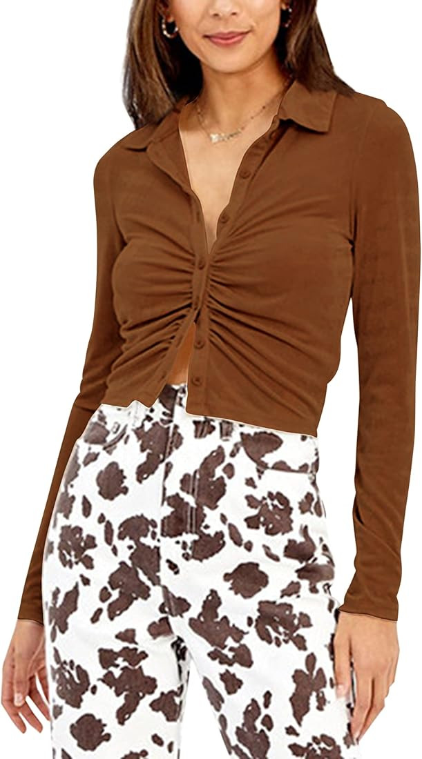 SAFRISIOR Women's Sexy Y2K Ruched Ruffle Buttons Down Collar Long Sleeve Slim Fit Crop Top Tee Shirt | Amazon (US)