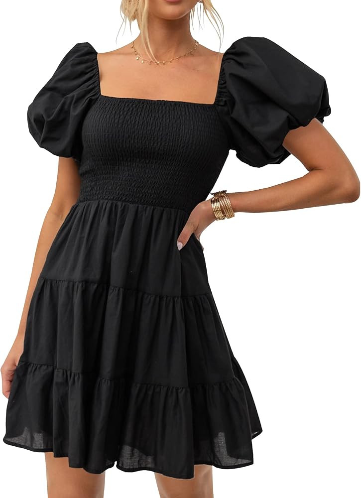 ZESICA Women's Boho 2026 Summer Square Neck Puff Sleeve Off Shoulder Smocked Tiered Casual A Line... | Amazon (US)