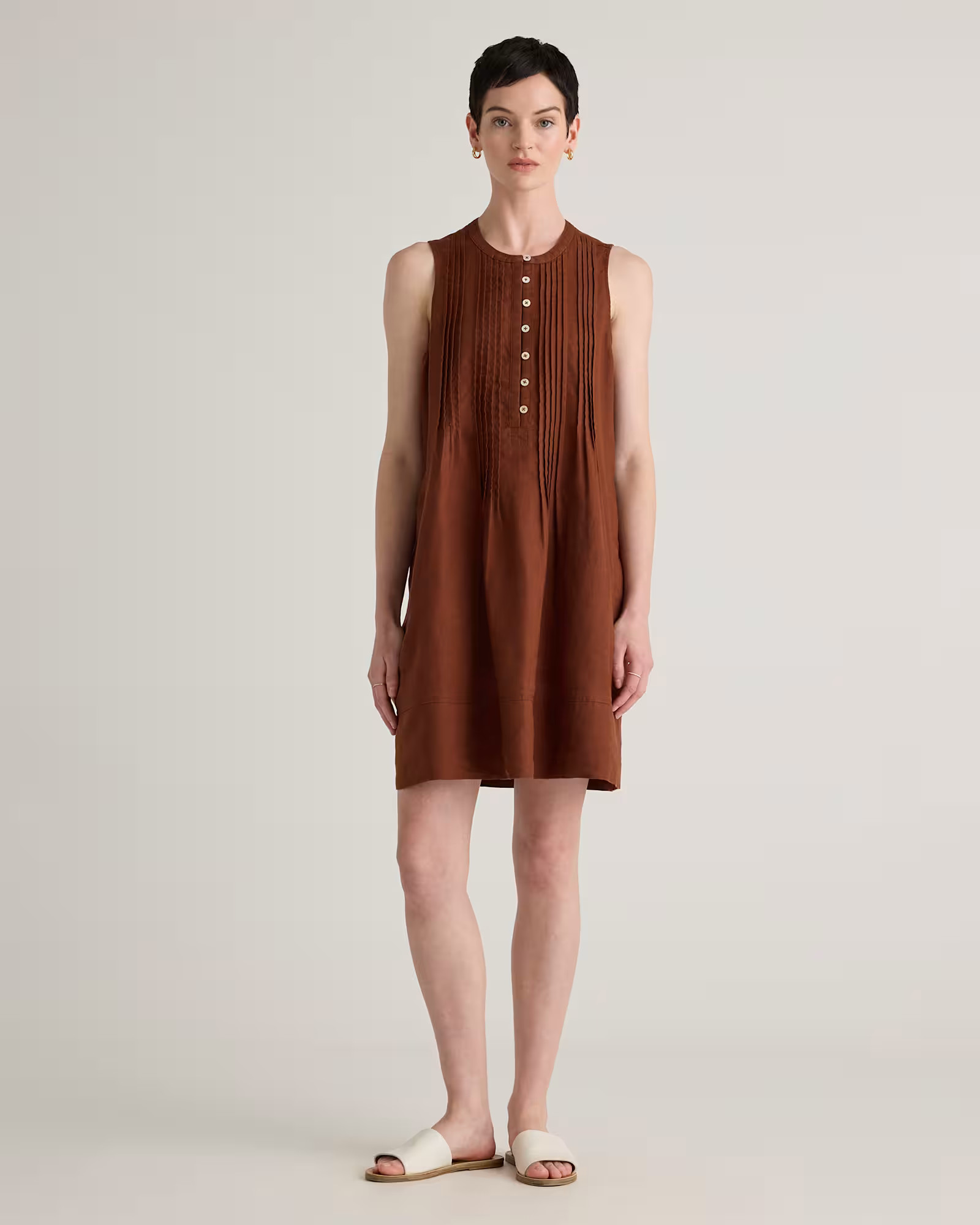 100% European Linen Sleeveless Swing Dress in Chocolate | Quince