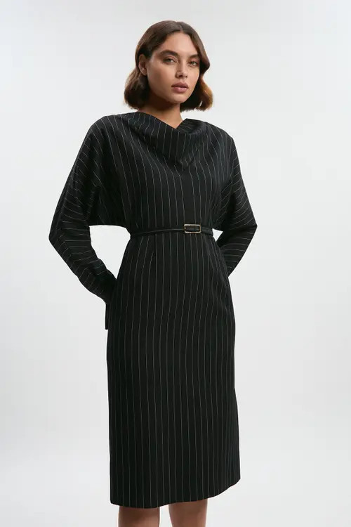 Karen Millen Pinstripe Cowl Neck Midi Dress in Black at Nordstrom, Size 2 | Nordstrom