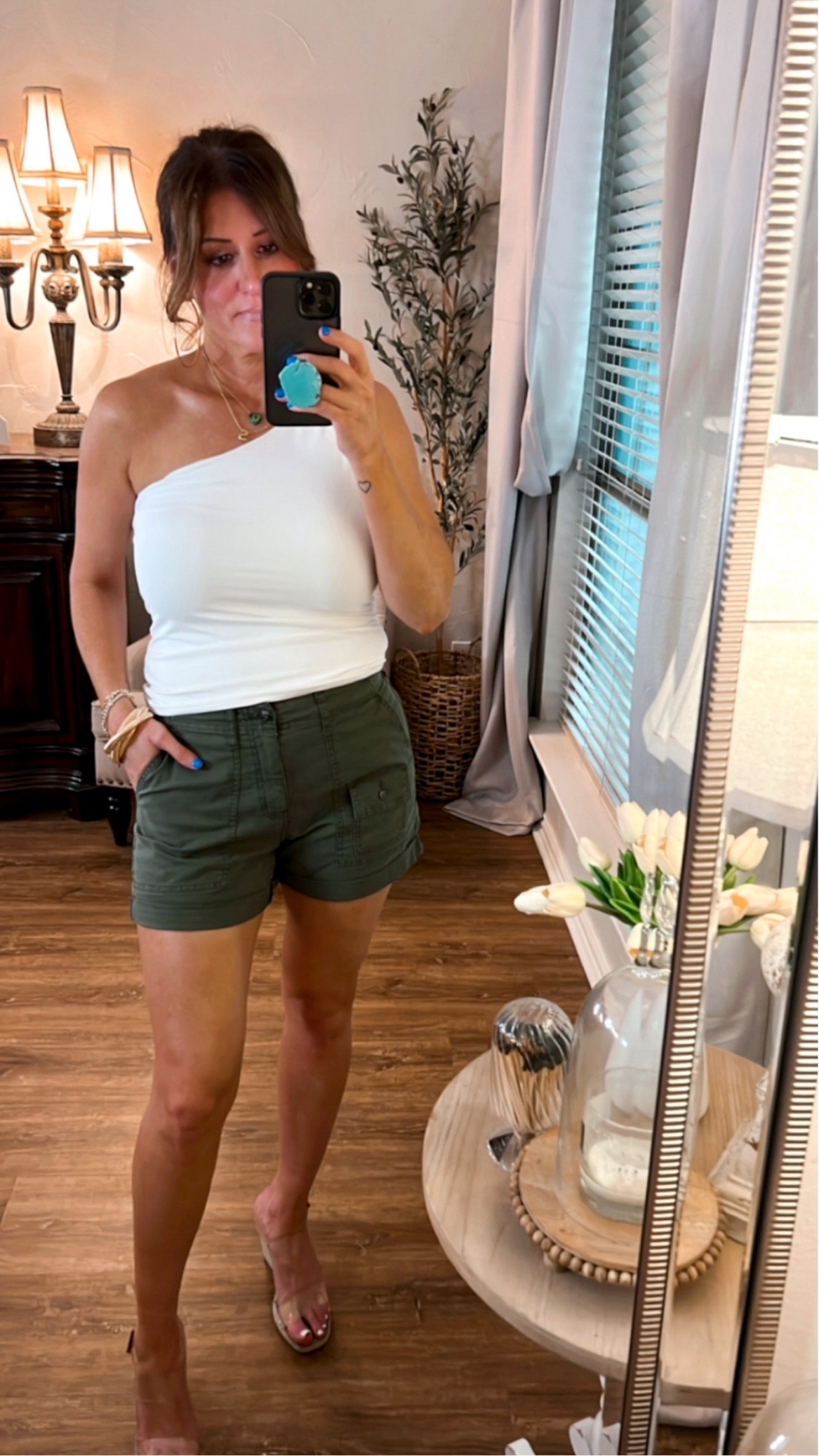 Walmart one-shoulder top and cargo shorts  

#LTKover40 #LTKstyletip #LTKfindsunder50