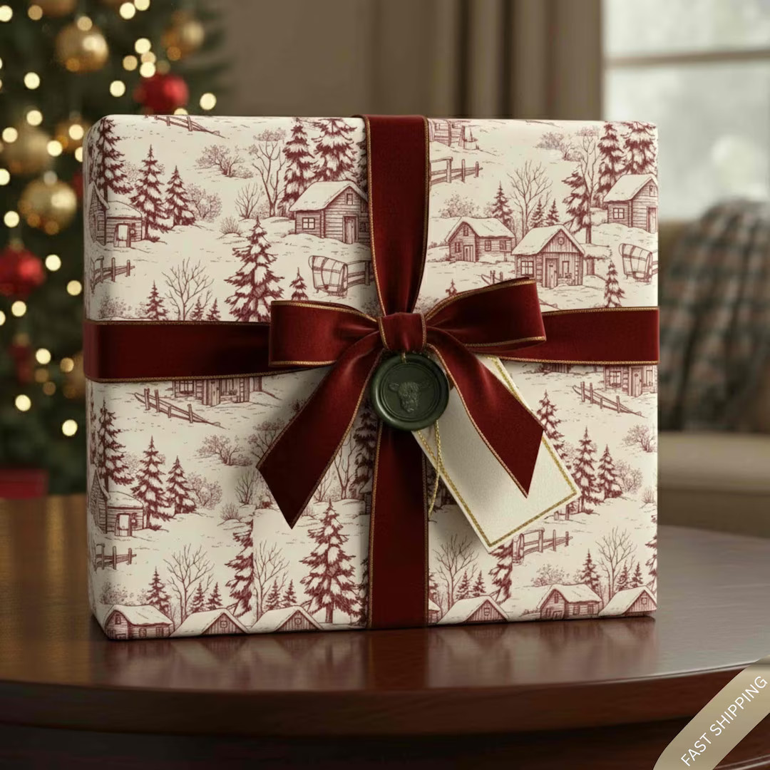 Vintage Cabin Toile Wrapping Paper, Rustic Winter Lodge Gift Wrap, Burgundy Forest Christmas Pape... | Etsy (US)