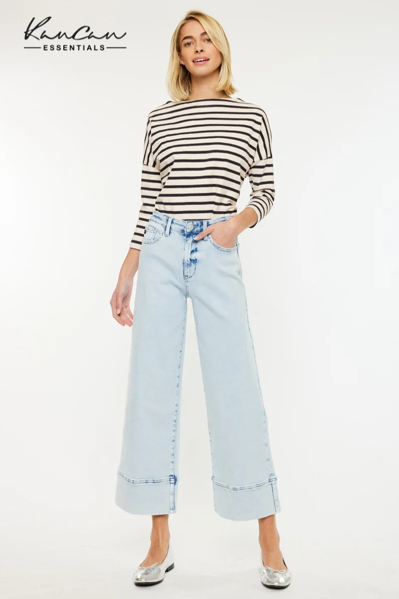 Kassie Essentials Crop Wide Jeans \u2013 Light Wash Stretch Fit | Kancan USA