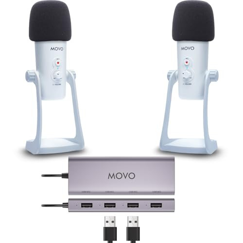 Movo USB Podcast Equipment Bundle for 2 – USB Interface with 2 UM700 Condenser Microphones – 4-Port Powered Hub for Streaming, Podcasting, Interviews (White) | Amazon (US)