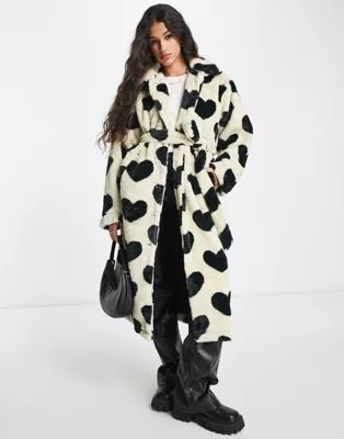 Pieces longline faux fur coat in black & white heart print | ASOS (Global)