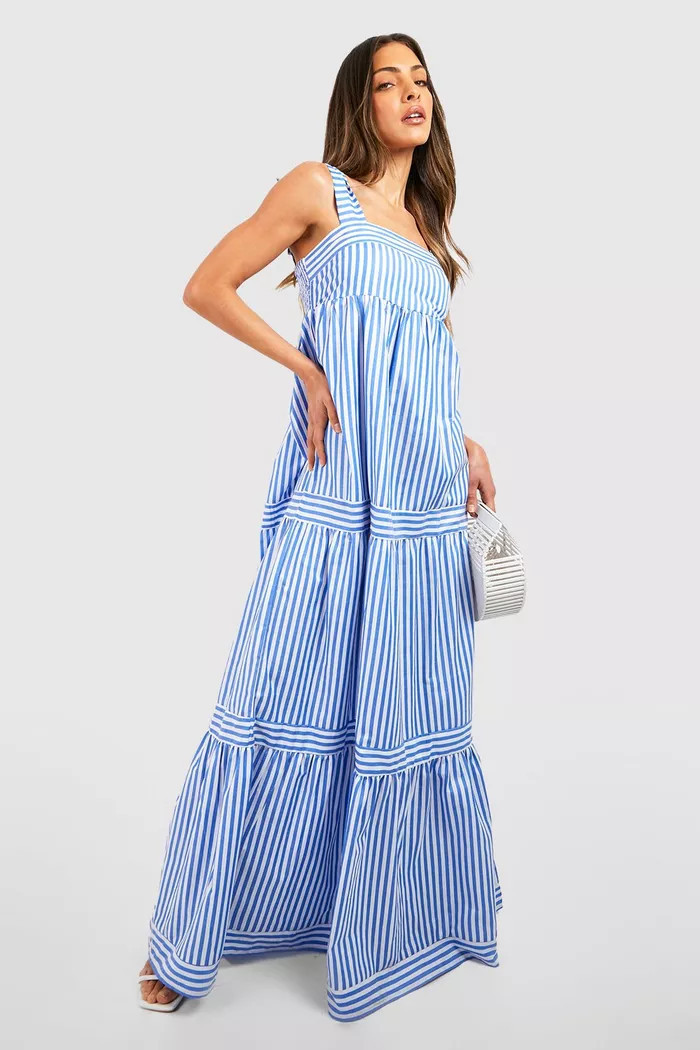 Stripe Tiered Maxi Dress | Boohoo Vacation Dress Cruise Dress #LTKeurope #LTKtravel #LTKSeasonal | Boohoo.com (US & CA)